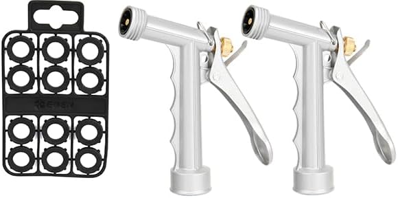 Eden 93036 Metal Rear Trigger 3 Spray Pattern Garden Hose Nozzle- 2 Pack | Heavy-Duty Zinc Alloy Water Sprayer, Silver, 12 Hose Washers Included, Dual Pack Bundle
