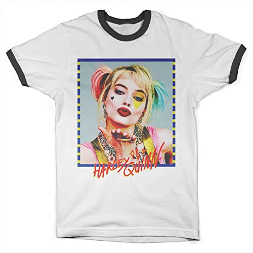 Harley Quinn Kiss T-Shirt Contraste Ringer Noir et Blanc