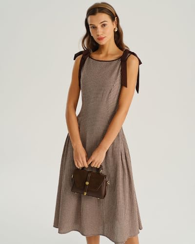 Image of RIHOAS Women's Plaid Gingham Dress Summer Midi Dresses for Women 2026 | Cute,Boat Neck,Bow Tie,A line,Vintage,Sleeveless,Spring,Winter,Casual Daily,Picnic,Travel,Vacation,Christmas Festive Occasion