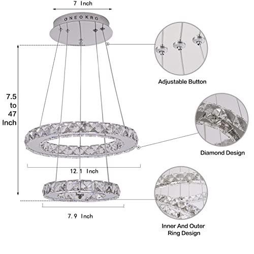 N\A Modern Led Chandelier Crystal 2 Rings Chandeliers Adjustable Stainless Steel Chandelier Lights Rings Round Pendant Lighting For Living Room Dining Room & Bedroom (M-Rgb Multicolor) #TOP5