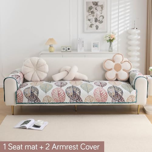 Image of HOKIPO 'HomeHues Series' Printed Quilted Sofa Seat Mat for 1 Seater Sofa with 2 Armrest Covers with Pockets, Multicolor Linden Leaf (IN-806-D7 + IN-814-D7*2)