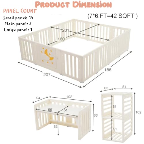 Image of 7 in 1 Playpen for Babies upto 5 year Baby Play Area Indoor Setup Play Yard Fence for Toddlers cot crib for baby kids study table and storage rack kids play area setup with mat and balls (Beige, 16 Panel, 7*6FT=42 SQFT)