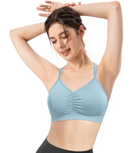 Image of VEQKING Ruched Sports Bras for Women Large Bust, Seamless Yoga Bra, 3 Pack | Removable Padded, Strappy Criss Cross Back, Medium Support for Yoga, Pilates & Gym, Full Coverage, No Bounce, No Spillage