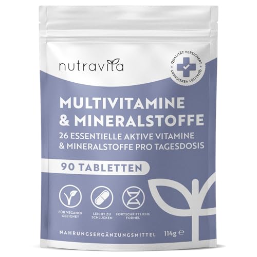 Multivitamin & Mineralien – 90 hochdosierte vegane Tabletten (3 Monate) – 26 A-Z Vitamine & Mineralstoffe mit Bioaktiv-Formen – Premium-Rohstoffe – ohne Zusatzstoffe – laborgeprüft – Nutravita Multivitamin & Mineralien – 90 hochdosierte vegane Tabletten (3 Monate) – 26 A-Z Vitamine & Mineralstoffe mit Bioaktiv-Formen – Premium-Rohstoffe – ohne Zusatzstoffe – laborgeprüft – Nutravita