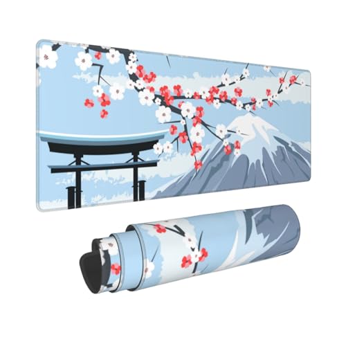 Image of Cherry Blossom Large Gaming Mouse Pad, Extended Fuji Mountain Mousepad, Big Long Non-Slip Mouse Mat for Keyboard, Computer for Office, 31.5 * 11.8 in