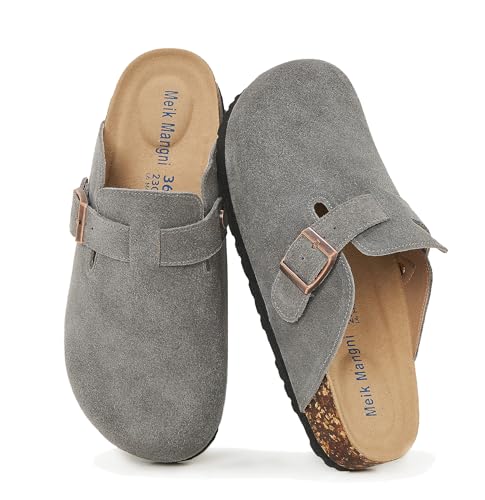 Meik Mangni Mules et Sabots Homme Femme Chaussons Cuir Liège Pantoufles Confortable Chaussures de Jardin Antidérapants Semelle,Gris foncé 39 EU