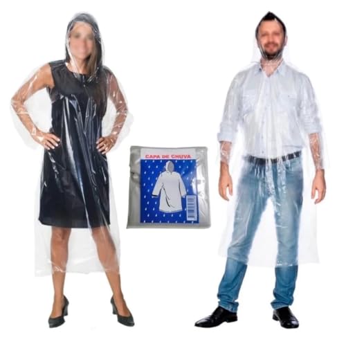 Capa de Chuva Descartável Unissex com Capuz, 120 cm, 45g, Transparente