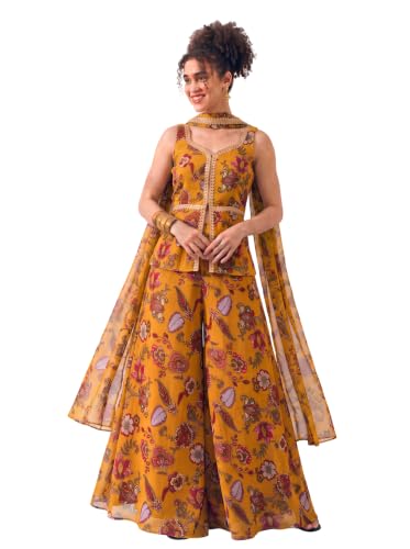Image of DEEBACO Paisley Chiffon Corset Top With Palazzo & Dupatta Fusion Co-Ord Set For Women's | Lace Work Scoop Neck Sleeveless Fit & Flared Indo Western 3 Pieces Set Festive Casual Wear Outifit (Yellow)