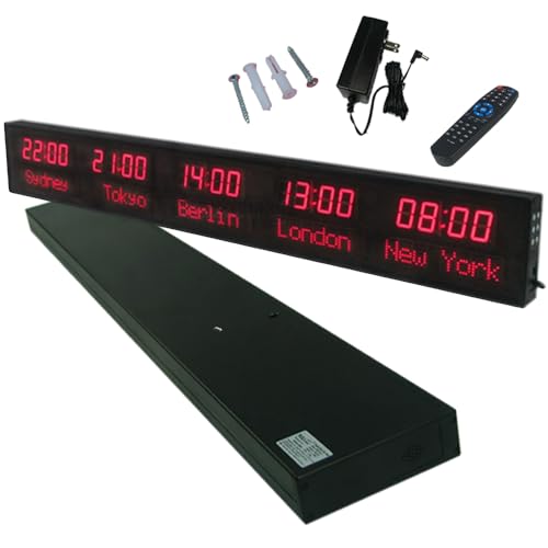 Qiase Wall Mounted Large Digital Led World Clock, 5 Time Zone City Can Be Changed, The Brightness Can Adjusted in Three Levels, The All-Aluminum Shell, for Multinational Enterprises Hotels