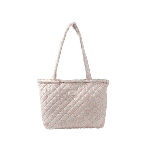 Image of Floral Quilted Cotton Shoulder Bag for Women Daily Use Medium Size Handbag Large Capacity Thickened Design Tote