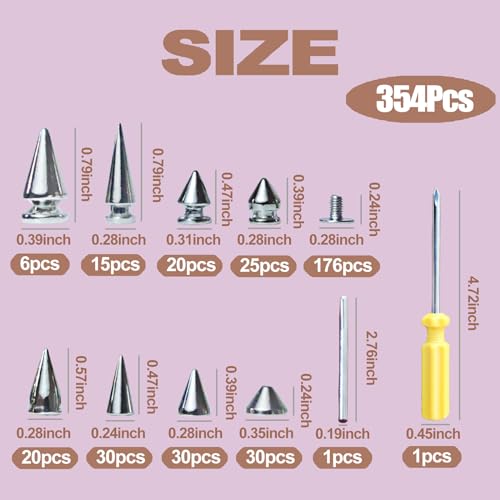 image for XKCWXY 354 Sets Punk Spikes and Studs Kit，8 Sizes Cone Spikes,Metal 