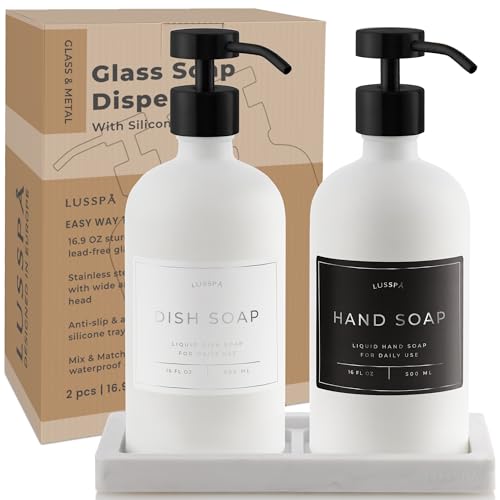 Glass Soap Dispenser Set of 2 (White) with Silicone Tray | Hand and Dish Soap Dispenser for Kitchen and Bathroom | 16.8 Oz Glass Bottles with Stainless Steel Pump & 15 Waterproof Labels (White/Black) - image 7