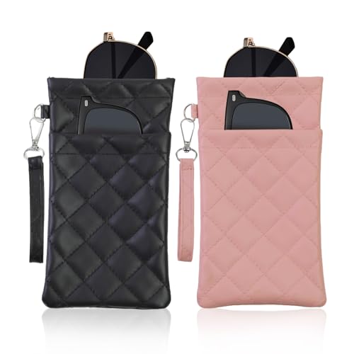 FlyingMage Double Eyeglass Case Soft Dual Glasses Case for Women Men Travel Squeeze Top Sunglasses Cases Eyeglasses Pouch (2 Black+Dark Pink Lanyard)