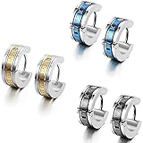 Flongo 6PCS Men's Classic Biker Stainless Steel Engraved Roman Numerals Classic Polished Hoop Hinged Earrings