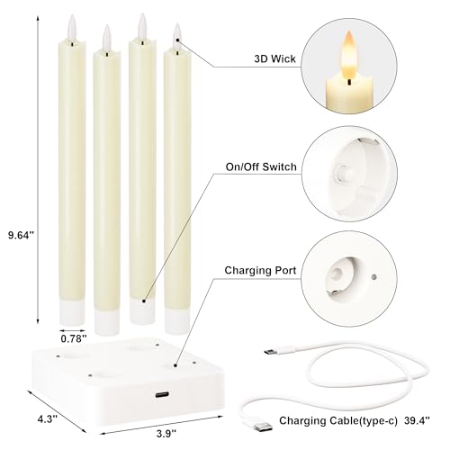 Image of Flameless Taper Candles with Rmote, 9.6 inch Real Wax Rechargeable Battery Operated Candles, Led Candle Flickering Candlesticks, Electric Candle for Home, Wedding, Party, Decor, Ivory