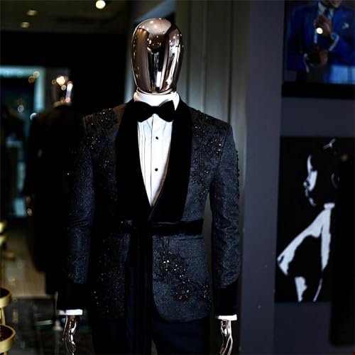 Men's 2 Piece Suit Fashion Applique Beaded Tuxedo Slim Fit Velvet Shawl Lapel Jacket Pants for Prom Party2