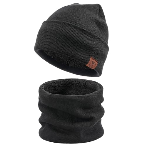 OZERO Thermal Beanie Hat and Neck Warmer Set for Men and Women Fleece Lined Knit Snood Scarf 2 Piece Winter Gift for Commuting Dog Walking and Ski Trips One Size 52-60cm