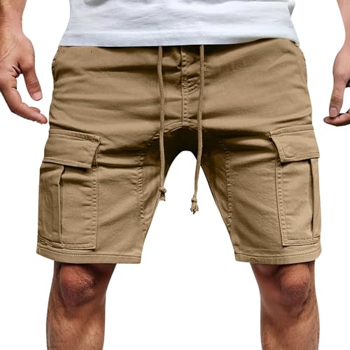 Generisch Pantalones cortos para hombre, pantalones de trabajo cortos de algodón, pantalones deportivos informales, cargo, multibolsillos, elásticos, pantalones cargo con cordón, pantalones cargo para