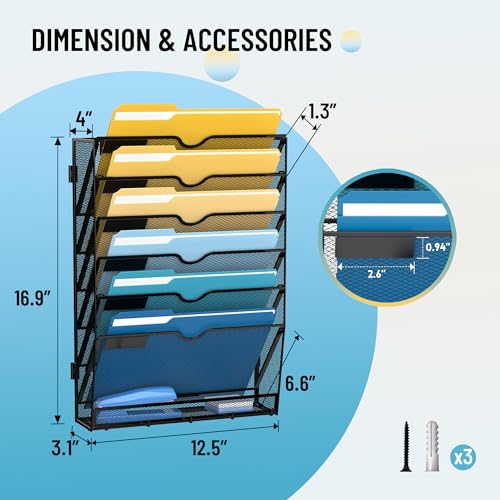 SUPEASY 7-Tier Wall File Holder Organizer with Hooks, Mesh Hanging File Organizer, Mail Organizer Wall Mounted for Papers, Folders, Office Magazine Rack, Assembly Needed, Black image 2