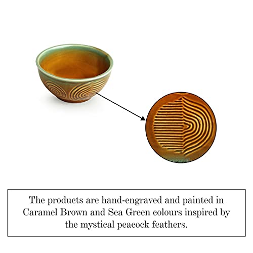 Image of ExclusiveLane 'Peacock Boulevard' Hand-Engraved Ceramic Bowl Dining Bowl Ceramic Katoris (Set of 6, 200 ML, Microwave Safe, Dishwasher Safe) - Ceramic Bowls For Kitchen Dinner Bowls Set