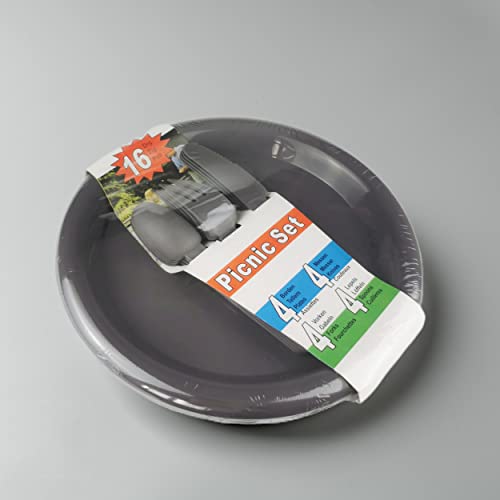 16 Piece Plastic Plates,Ultra-Durable 10 Inch Dinnerware Plates In Grey,Dishes Set,Reusable Camping Plates With Knives,Forks And Spoons,Bpa-Free,Microwave And Dishwasher Safe (Grey) #TOP6