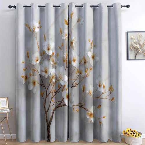 Cortinas Opacas Termicas Aislantes Frio y Calor de Casa Cortina 100% Blackout Fondo De Mármol Floral 3D, Acustica con Ojales para Salon Dormitorio 2 Piezas, Crema, 117 x 137 cm