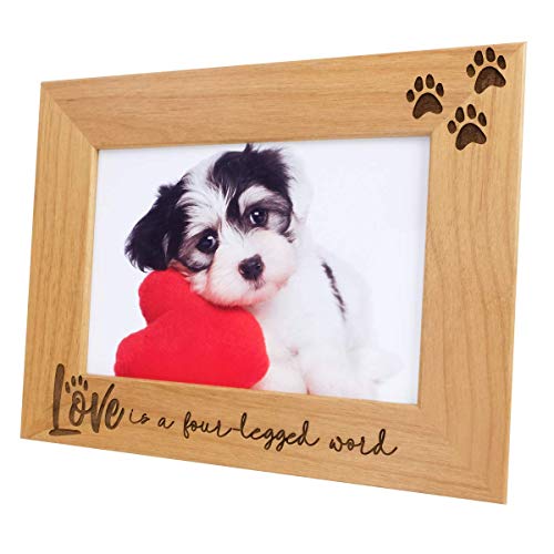 Love is a Four-Legged Word-Natural Wood Engraved Pet Picture Frame with Glass,Dog Picture Frame,Cat Picture Frame,Dog Mom,Cat Dad,Paw Print,Pet Memorial Picture Frame,Pet Lover Gift (4x6 Horizontal)