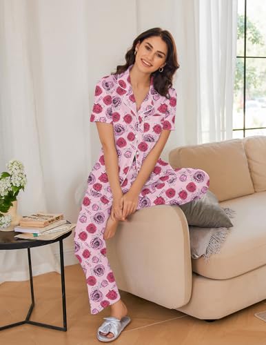 Image of Ekouaer 2 Pack:Womens Pajamas Short Sleeve Pjs Notch Collar Button Up Loungewear Cozy Sleepwear Sets