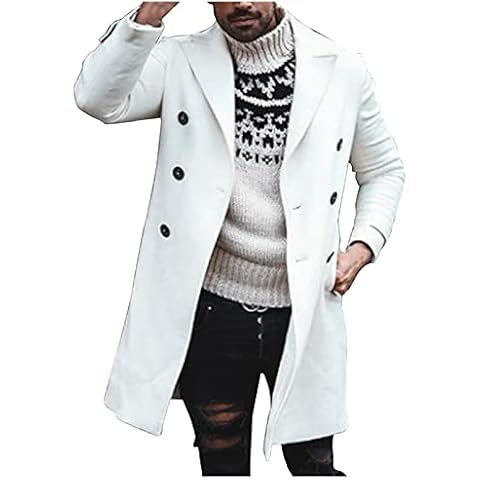 Burband Mens Double Breasted Woolen Trench Coats Slim Fit Notch Lapel Pea Overcoats Winter Stylish Business Long Jackets White Cover