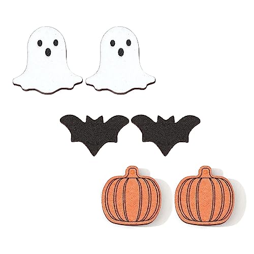 Pack of 3 Pairs Halloween Earrings for Women Pumpkin Ghost Bat Stud Earrings Halloween Eve Party Lightweight Wood Earrings Set Jewelry