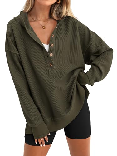 PRETTYGARDEN Womens Pullover Hoodie 2025 Fall Fashion Long Sleeve Hooded Sweatshirt Button Down V Neck Tops Winter Clothing(Army Green,Large)
