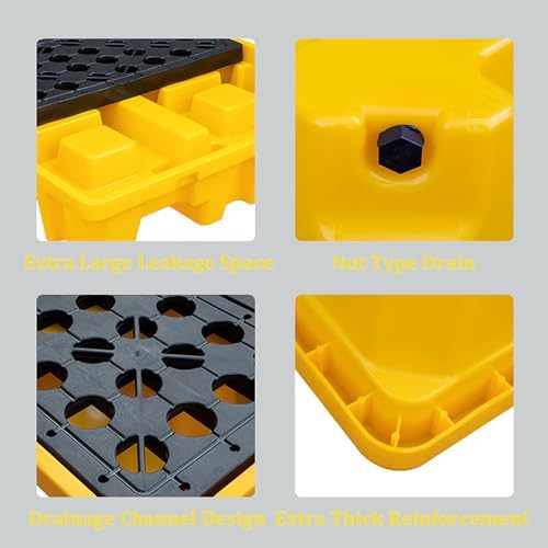 Low Profile Spill Containment Platform with Drain, Leakproof Polyethylene Paint Bucket Tray for Forklift, Industrial Warehouse Use (26" x 14.2" x 4.8", Yellow)