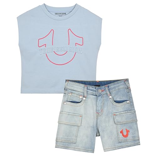 Image of True Religion Girls Jeans Shorts Set Girls Denim Short and Fashion Tee Shirt Clothing Set for Kids