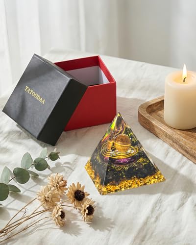 Image of Orgone Pyramid with Healing Crystals - (Space - Planets) - Golden Obsidian Energy Generator for Positive Vibe, Stress Relief & Chakra Reiki Meditation - Spiritual Gift for Success, Wealth & Prosperity