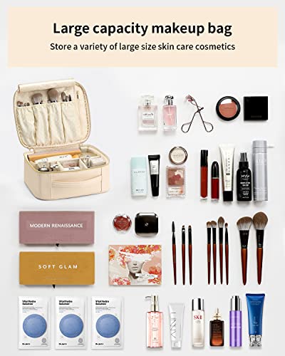 Vlando Travel Makeup Cosmetic Bag Leather Portable Make Up Organizer With Adjustable Dividers For Cosmetics Makeup Brushes, Girls, Women, Friends Beige #TOP3