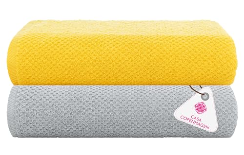 Casa Copenhagen Designed in Denmark - Popcorn Super Soft 2 Pieces 100% Cotton Large Bath Towel (Size : 75 X 150 cm) - Buttercup Yellow & Grey Violet