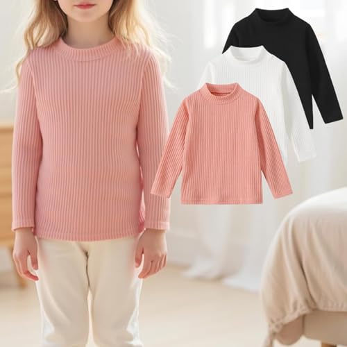 Girl's Striped Knitted Sweater, Half high Neck Long Sleeved, Black, White and Pink Inner top3