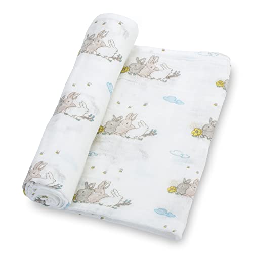 Image of LollyBanks Swaddle Blanket | 100% Muslin Cotton | Gender Neutral Newborn and Baby Nursery Essentials for Girls and Boys, Registry | Rabbit Bunny Print