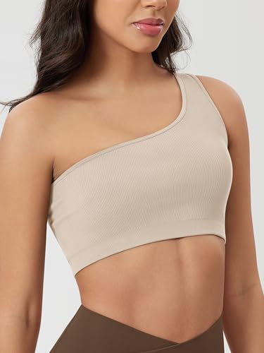 ODODOS Seamless One Shoulder Sports Bra for Women Ribbed Asymmetrical Non Padded Yoga Crop Tank Tops3