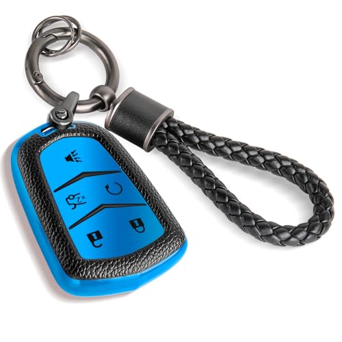 Image of Key Fob Cover for Cadillac, Braided Loop Keychain Case, Blue