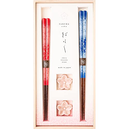 箸蔵まつかん(Hashikura Matsukan) 箸 食洗機対応 夫婦箸 天然木 ペア セット 23cm 21.5cm 箸置き 付 さくらさく 桜かれん 青 赤 日本製 S-12188