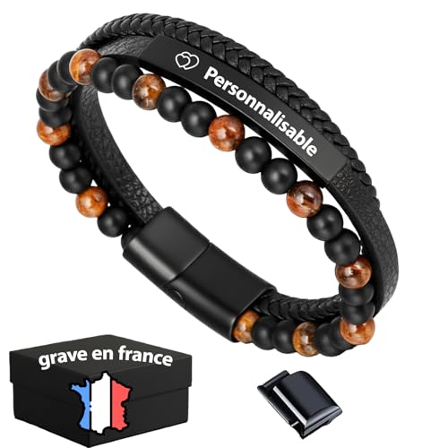 Bracelet Homme Personnalisé – Bracelet en cuir tressé noir gravé prénom ou texte,Gourmette Homme Personnalisable, Bijoux Homme, Cadeau pour...