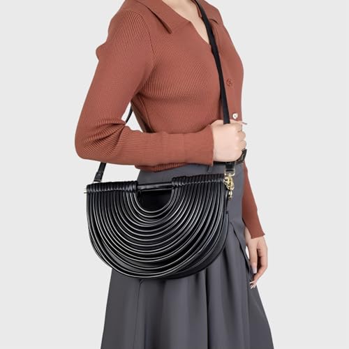 Image of Elegant Half Round Chinc Woven PU Leather Lou Top Handle Bag for Women Formal Evening Clutch Purses