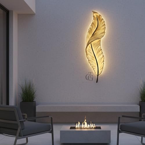 Image of Resin Antique Feather Wall Sconce|Snowy Quill Decorative Wall Light for Living Room, Hallway, Kitchen & Office- Warm White, Cool White, Natural White (Golden+Black)