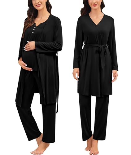 Image of SWOMOG Maternity Nursing Pajamas Set 3 Piece Breastfeeding 3 in 1 Labor Delivery Sleevless Tops Long Pants Pregnancy Pjs