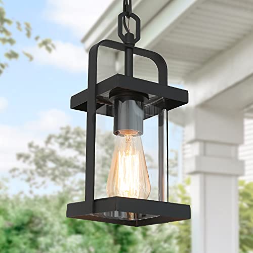 Laluz Outdoor Pendant Light, 1-Light Outdoor Chandelier Hanging Light Fixture, Matte Black Exterior Ceiling Light With Clear Glass, Farmhouse Outdoor Hanging Lantern For Porch, Gazebo, Patio, Max 60W #TOP6