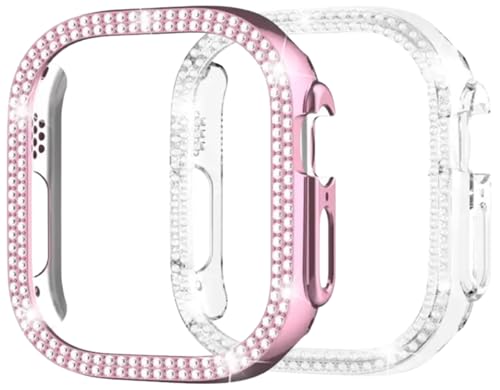 Image of AMiRiTE ADS144 Bling Diamond Rhinestone Ony Bumper Watch Case Cover Without Glass Compatible with Apple iWatch Series 49mm Ultra /Ultra 2 (49MM [ Bling CASE Combo Pack of 2 ], Rose Pink & Transparent)