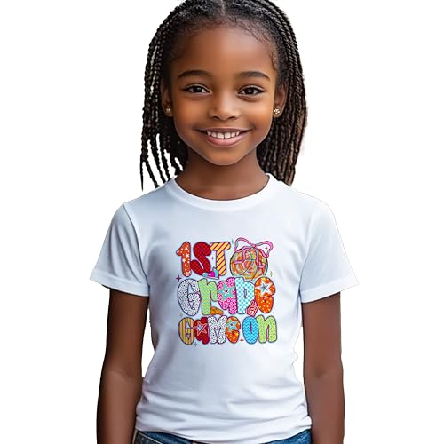 First Grade Game On #1 Kids Shirts, YS-YXL, Girls, Baseball with Bow, Sports, Great for The First Day of School Or Everyday