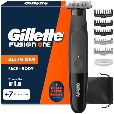 Gillette Fusion One Hybrid Rasierer Herren Elektrisch, Schwarz | Barttrimmer, Körperrasierer, Bodygroom, Powered von Braun, Wasserdichter Trimmer, Inkl. 3 Kammaufsätze Und 2 Körper