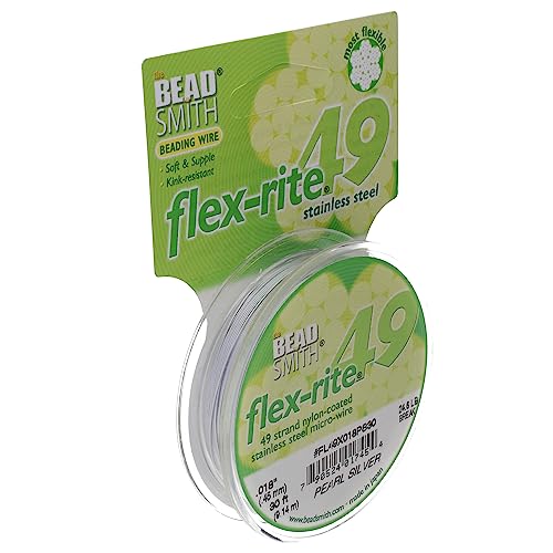 The Beadsmith Flex-Rite 49 Strand Nylon Coated, Stainless-Steel Beading Wire, Jewelry Making Supply (.018 Dia, Pearl Silver - 30 Ft)